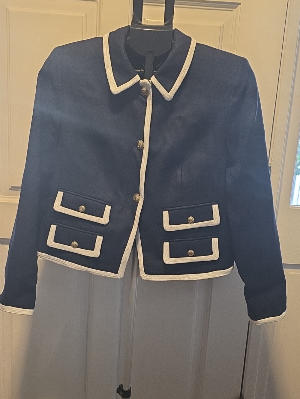 J. Crew Navy Cropped Blazer with White Piping